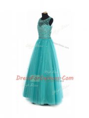 Classical Empire Kids Formal Wear Teal Scoop Tulle Sleeveless Floor Length Lace Up