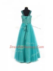 Classical Empire Kids Formal Wear Teal Scoop Tulle Sleeveless Floor Length Lace Up