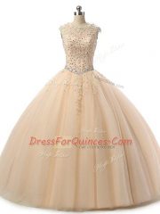 Stunning Champagne Ball Gowns Tulle Scoop Sleeveless Beading and Lace Floor Length Lace Up Quinceanera Gowns