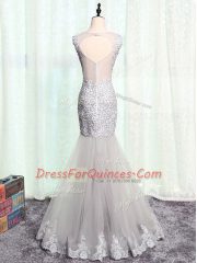 Beauteous Sleeveless Floor Length Beading and Lace and Appliques Zipper Evening Dress with Navy Blue