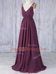 Edgy Chiffon V-neck Sleeveless Backless Appliques Quinceanera Court Dresses in Burgundy