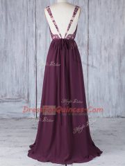 Edgy Chiffon V-neck Sleeveless Backless Appliques Quinceanera Court Dresses in Burgundy