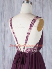 Edgy Chiffon V-neck Sleeveless Backless Appliques Quinceanera Court Dresses in Burgundy
