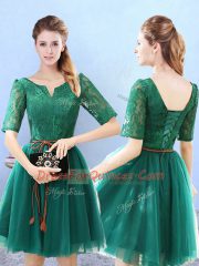 Green Lace Up Quinceanera Court Dresses Lace Half Sleeves Knee Length