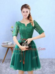 Green Lace Up Quinceanera Court Dresses Lace Half Sleeves Knee Length