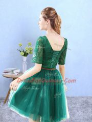 Green Lace Up Quinceanera Court Dresses Lace Half Sleeves Knee Length