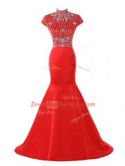 Decent Halter Top Short Sleeves Satin Prom Dresses Beading Sweep Train Zipper