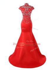 Decent Halter Top Short Sleeves Satin Prom Dresses Beading Sweep Train Zipper