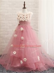 A-line Sleeveless Pink Child Pageant Dress Brush Train Zipper