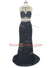 Admirable High-neck Sleeveless Lace Dress for Prom Beading and Lace Brush Train Zipper