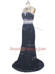 Admirable High-neck Sleeveless Lace Dress for Prom Beading and Lace Brush Train Zipper