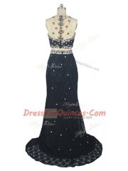 Admirable High-neck Sleeveless Lace Dress for Prom Beading and Lace Brush Train Zipper