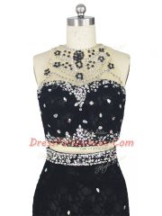 Admirable High-neck Sleeveless Lace Dress for Prom Beading and Lace Brush Train Zipper