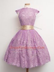 Superior Ball Gowns Dama Dress for Quinceanera Lilac High-neck Lace Cap Sleeves Knee Length Lace Up