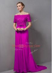 Luxury Short Sleeves Lace Zipper Prom Evening Gown with Fuchsia Sweep Train