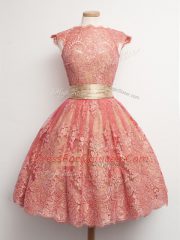 Admirable Watermelon Red Cap Sleeves Knee Length Belt Lace Up Quinceanera Court Dresses