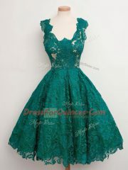 Lovely Knee Length A-line Sleeveless Dark Green Dama Dress for Quinceanera Lace Up