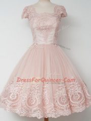 A-line Quinceanera Court Dresses Peach Square Tulle Cap Sleeves Knee Length Zipper
