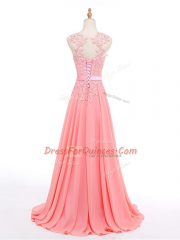 Custom Designed Watermelon Red Empire Chiffon Sleeveless Beading and Lace Lace Up Brush Train