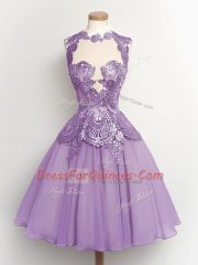 Lavender Sleeveless Lace Knee Length Quinceanera Court Dresses