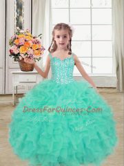 Superior Floor Length Ball Gowns Sleeveless Turquoise Little Girls Pageant Dress Wholesale Lace Up