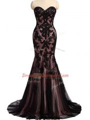 Black Mermaid Sweetheart Sleeveless Tulle and Lace Brush Train Lace Up Lace and Appliques Prom Dresses