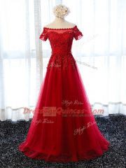 Glorious Lace and Appliques Prom Evening Gown Red Lace Up Short Sleeves Floor Length