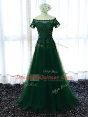 Glorious Lace and Appliques Prom Evening Gown Red Lace Up Short Sleeves Floor Length