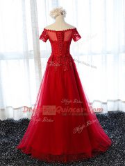 Glorious Lace and Appliques Prom Evening Gown Red Lace Up Short Sleeves Floor Length