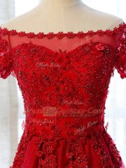 Glorious Lace and Appliques Prom Evening Gown Red Lace Up Short Sleeves Floor Length