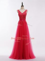 Most Popular V-neck Sleeveless Prom Dresses Floor Length Lace and Appliques Coral Red Tulle