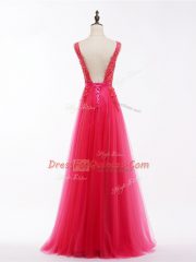 Most Popular V-neck Sleeveless Prom Dresses Floor Length Lace and Appliques Coral Red Tulle