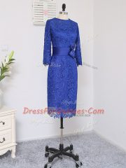 Suitable Column/Sheath Prom Evening Gown Royal Blue Scoop Lace Long Sleeves Knee Length Zipper