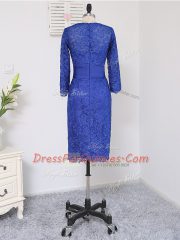 Suitable Column/Sheath Prom Evening Gown Royal Blue Scoop Lace Long Sleeves Knee Length Zipper