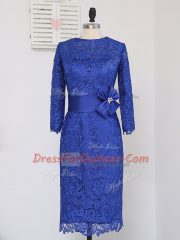 Suitable Column/Sheath Prom Evening Gown Royal Blue Scoop Lace Long Sleeves Knee Length Zipper
