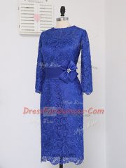 Suitable Column/Sheath Prom Evening Gown Royal Blue Scoop Lace Long Sleeves Knee Length Zipper