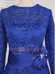 Suitable Column/Sheath Prom Evening Gown Royal Blue Scoop Lace Long Sleeves Knee Length Zipper