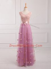 Elegant Floor Length Lilac Dama Dress for Quinceanera V-neck Sleeveless Lace Up