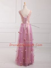Elegant Floor Length Lilac Dama Dress for Quinceanera V-neck Sleeveless Lace Up