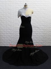 Black Zipper Homecoming Dress Beading Short Sleeves Brush Train