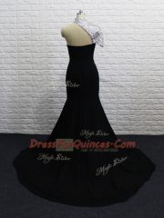 Black Zipper Homecoming Dress Beading Short Sleeves Brush Train