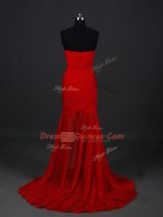 Most Popular Sweetheart Sleeveless Prom Dress Brush Train Ruching Red Chiffon