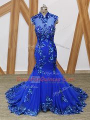 High Class High-neck Sleeveless Brush Train Backless Royal Blue Tulle