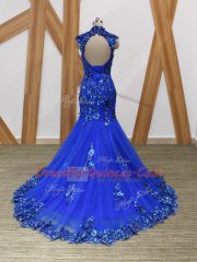 High Class High-neck Sleeveless Brush Train Backless Royal Blue Tulle