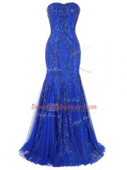 Traditional Royal Blue Mermaid Sweetheart Sleeveless Tulle Brush Train Lace Up Sequins Dress for Prom