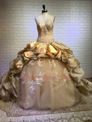Artistic Sleeveless Beading and Appliques and Pick Ups Lace Up Ball Gown Prom Dress with Gold Court Train