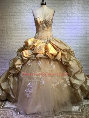 Artistic Sleeveless Beading and Appliques and Pick Ups Lace Up Ball Gown Prom Dress with Gold Court Train