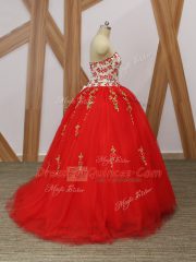 Red Sleeveless Tulle Sweep Train Lace Up Sweet 16 Quinceanera Dress for Military Ball and Sweet 16 and Quinceanera
