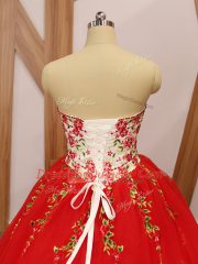 Red Sleeveless Tulle Sweep Train Lace Up Sweet 16 Quinceanera Dress for Military Ball and Sweet 16 and Quinceanera