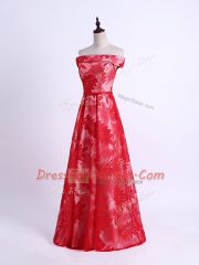 On Sale Floor Length Red Quinceanera Court of Honor Dress Off The Shoulder Sleeveless Lace Up
